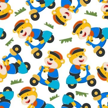 Seamless pattern of cute bear riding a scooter Stock Illustration