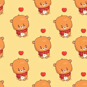 Seamless pattern with cute bear teddy cub with hearts on yellow background Stock Illustration