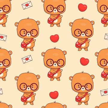Seamless pattern with cute bear teddy with glasses on yellow background. Fu.. Stock Illustration