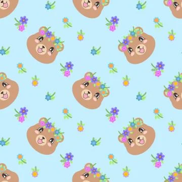 Seamless pattern with a cute bear with wreaths of flowers in cartoon style Illustrazione stock