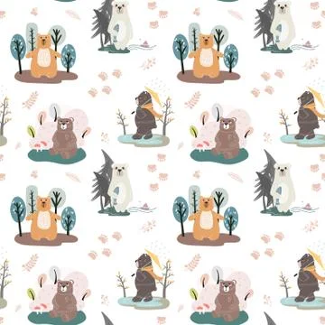 Seamless pattern with cute bears and different elements. Vector illustration  Stock Illustration