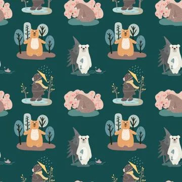 Seamless pattern with cute bears and different elements. Vector illustration  Illustrazione stock