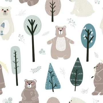 Seamless pattern with cute bears and different elements. Vector illustration  Stock Illustration