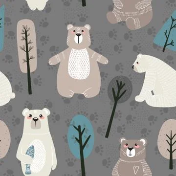 Seamless pattern with cute bears and different elements. Vector illustration  Illustrazione stock
