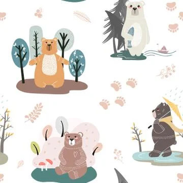 Seamless pattern with cute bears and different elements. Vector illustration  Stock Illustration