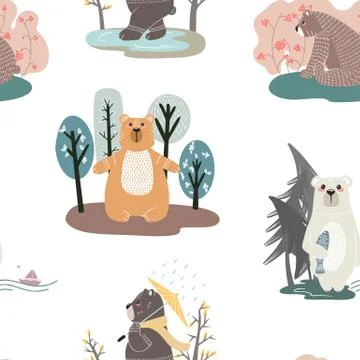 Seamless pattern with cute bears and different elements. Illustration in scan Stock Illustration