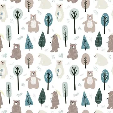 Seamless pattern with cute bears and different elements. Vector illustration  Stock Illustration