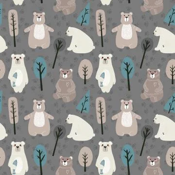 Seamless pattern with cute bears and different elements. Vector illustration  Stock Illustration