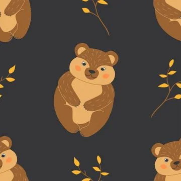 Seamless pattern with cute bears and twigs with autumn leaves in cartoon st.. Stock Illustration