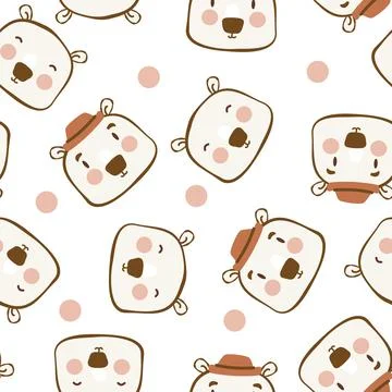 Seamless pattern with cute bears faces and hats on light white background. Illustrazione stock