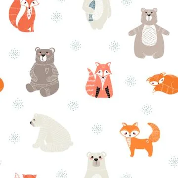 Seamless pattern with cute bears, foxs and different elements. Vector Stock Illustration