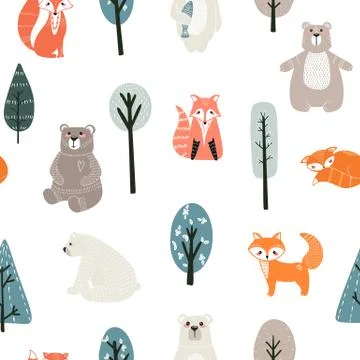 Seamless pattern with cute bears, foxs and different elements. Vector 스톡 일러스트