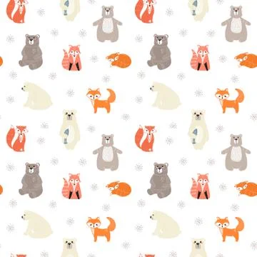 Seamless pattern with cute bears, foxs and different elements. Vector illustr Stock Illustration