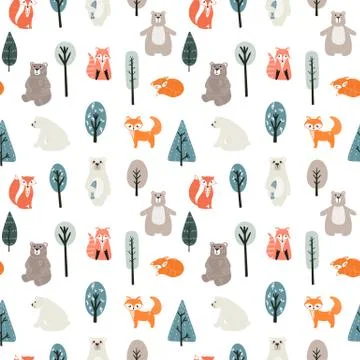 Seamless pattern with cute bears, foxs and different elements. Vector illustr Illustrazione stock