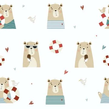 Seamless pattern with cute bears. Funny bears, sailor with a seagull and a Stock Illustration
