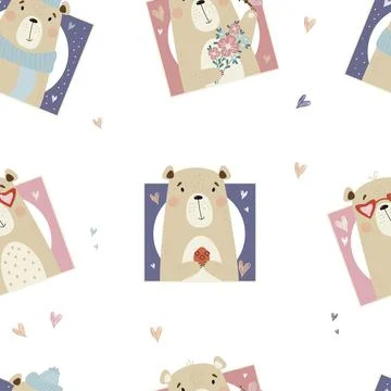Seamless pattern with cute bears. Portraits of bears with flowers, with an Easte Stock Illustration