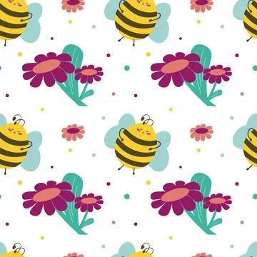 Seamless pattern with cute bee and flowers. World Bee Day. For textile, canva Stock Illustration