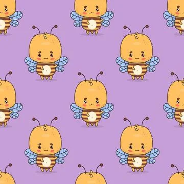 Seamless pattern with cute bee on purple background. Vector illustration. C.. Stock Illustration