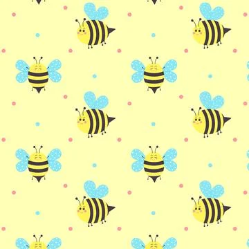 Seamless pattern of cute bees and dots. Summer and spring. For postcards, wal Stock Illustration