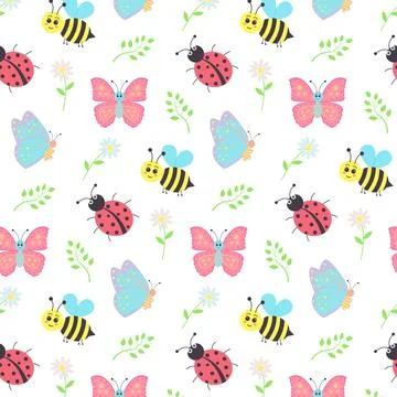 Seamless pattern with cute bees, butterflies, ladybugs, daisies and twigs. Stock Illustration