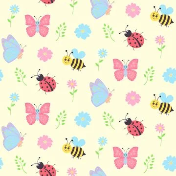 Seamless pattern with cute bees, butterflies, ladybugs, flowers and twigs. .. Illustrazione stock