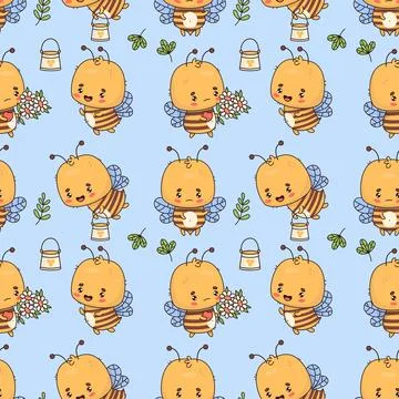 Seamless pattern with cute bees with flowers and honey on blue background. .. Stock Illustration