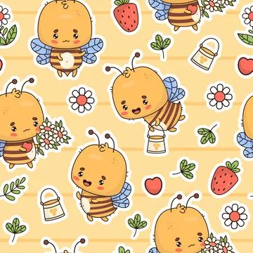 Seamless pattern with cute bees stickers with flowers, strawberries and buc.. Stock Illustration