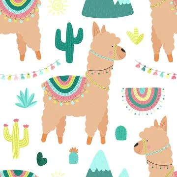 Seamless pattern of cute beige llamas or alpacas, mountains, cacti, garland,  Stock Illustration