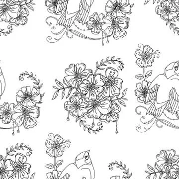 Seamless pattern cute bird and flowers illustration Stock Illustration