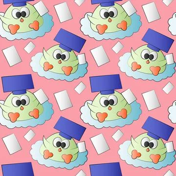Seamless pattern with cute bird graduate with page Stock Illustration