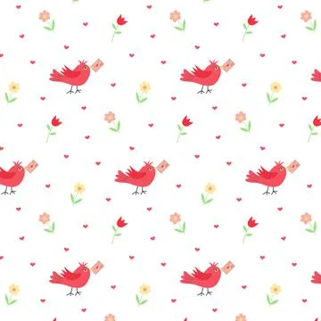 Seamless pattern with cute bird, love letter, flowers and hearts. Stock Illustration