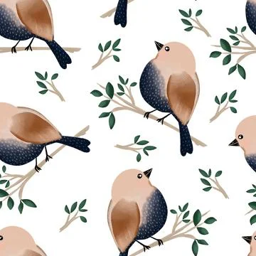 Seamless pattern with cute bird, vector spring background Stock Illustration