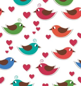 Seamless pattern with cute birds and hearts isolated on white Stock Illustration