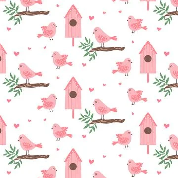 Seamless pattern with cute birds and a birdhouse. Stock Illustration
