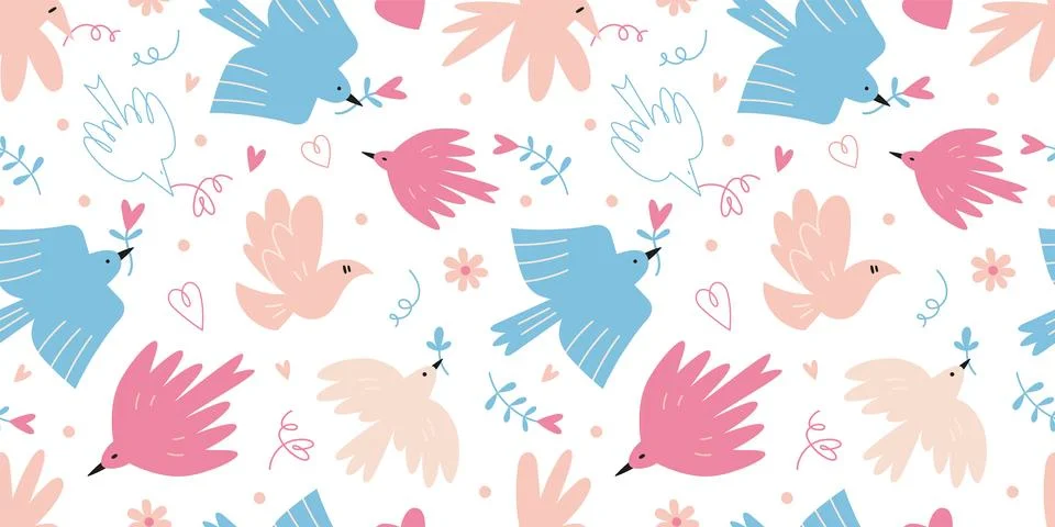 Seamless pattern with cute birds and hearts on a white background, cartoon .. Illustrazione stock