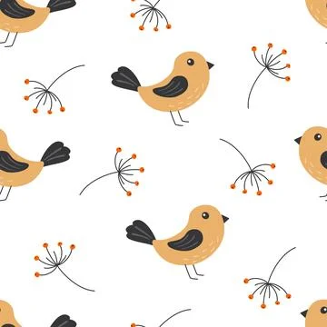 Seamless pattern with cute birds and twigs with berries in cartoon style. B.. Stock Illustration