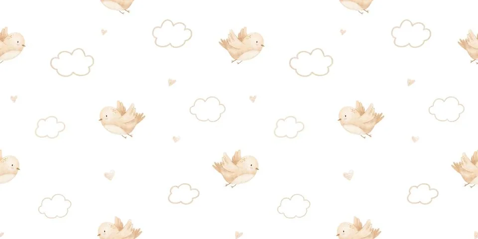 Seamless pattern with cute birds and clouds for baby textile, hand drawn wa.. イラスト素材
