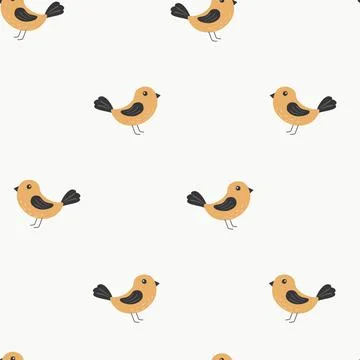Seamless pattern with cute birds in cartoon style. Birds in the forest. Vec.. Stock Illustration