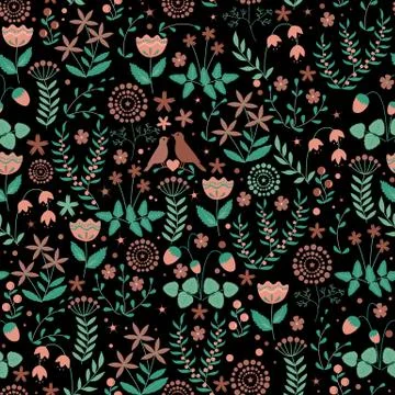 Seamless pattern with cute birds couple Stock Illustration