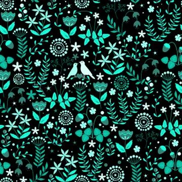 Seamless pattern with cute birds couple Stock Illustration