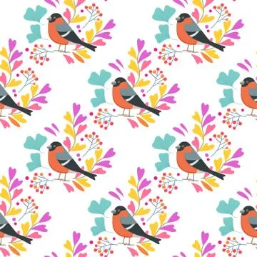 Seamless pattern with cute birds, leaves and berries. Vector illustration. Stock-Illustration