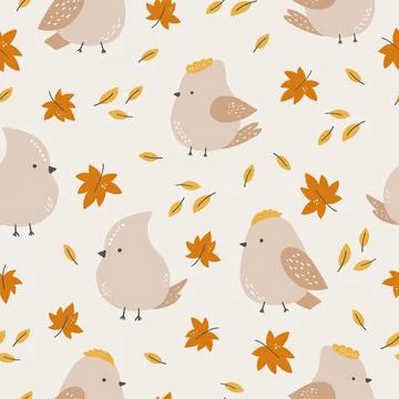 Seamless pattern with cute birds on maple leaves. Creative scandinavian イラスト素材