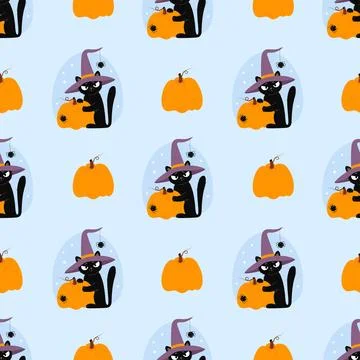Seamless pattern. Cute Black Cat in Halloween Witch Hat With spider and Ora.. 스톡 일러스트
