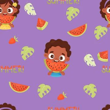 Seamless pattern with cute black ethnic girl and boy with piece of watermelon on Stock Illustration