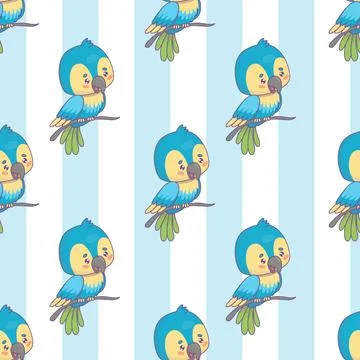 Seamless pattern with cute blue Ara parrot on branch on striped background... Stock Illustration