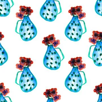 Seamless pattern of cute blue fancy watercolor vase with flowers, hand painted Ilustração Stock