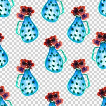 Seamless pattern of cute blue fancy watercolor vase with flowers, hand painted Stock Illustration