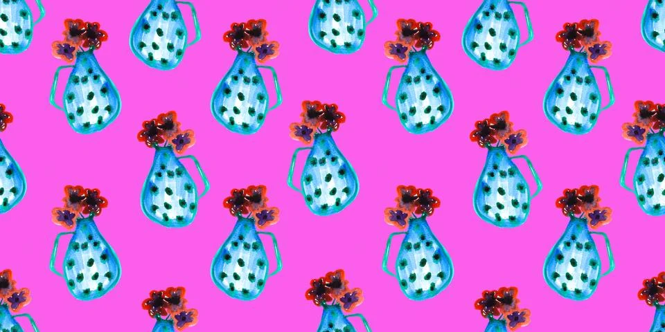 Seamless pattern of cute blue fancy watercolor vase with flowers, hand painted Stock Illustration