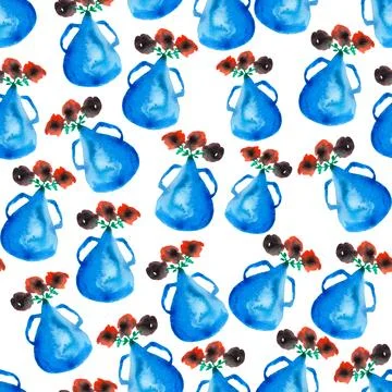Seamless pattern of cute blue fancy watercolor vase with flowers, hand painted Stock Illustration