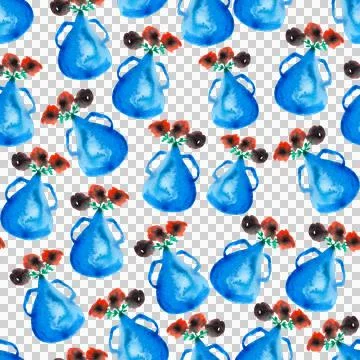 Seamless pattern of cute blue fancy watercolor vase with flowers, hand painted Stock Illustration